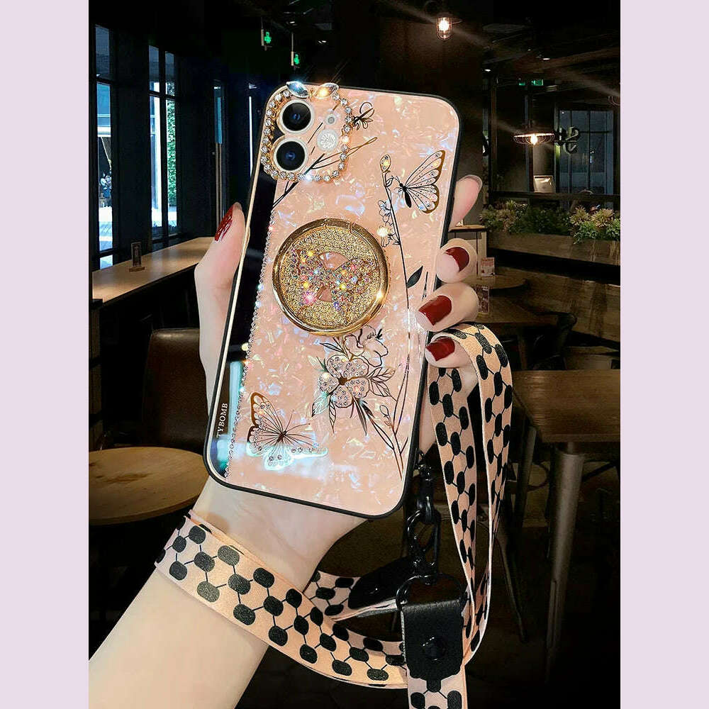 KIMLUD, Luxury Glitter Diamond Mirror Butterfly Holder Phone Case For iPhone 15 14 13 12 11 Pro Max X XR XS 7 8 Plus Lanyard Bling Cover, KIMLUD Womens Clothes