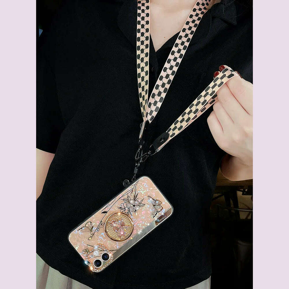 KIMLUD, Luxury Glitter Diamond Mirror Butterfly Holder Phone Case For iPhone 15 14 13 12 11 Pro Max X XR XS 7 8 Plus Lanyard Bling Cover, KIMLUD Womens Clothes