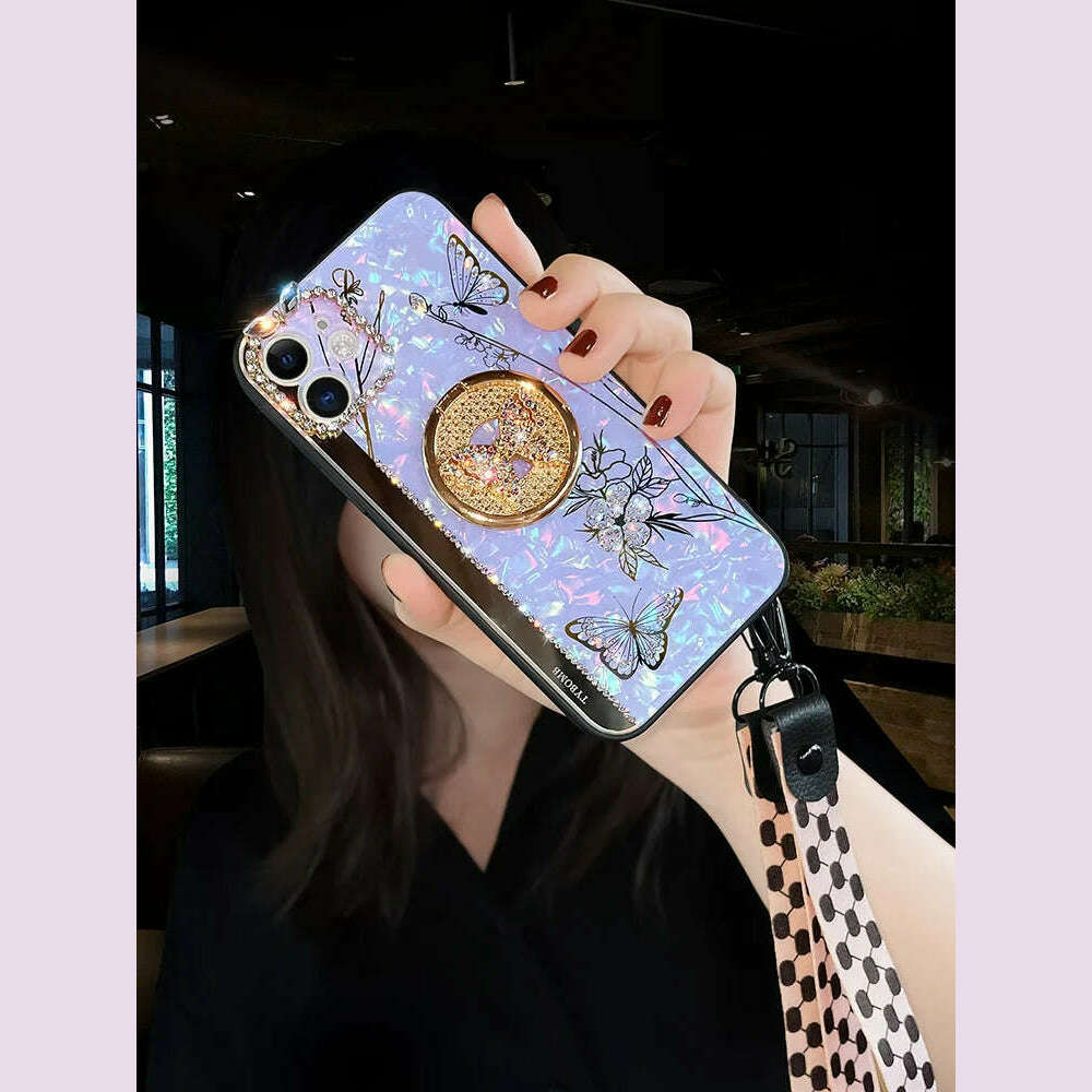 KIMLUD, Luxury Glitter Diamond Mirror Butterfly Holder Phone Case For iPhone 15 14 13 12 11 Pro Max X XR XS 7 8 Plus Lanyard Bling Cover, KIMLUD Womens Clothes