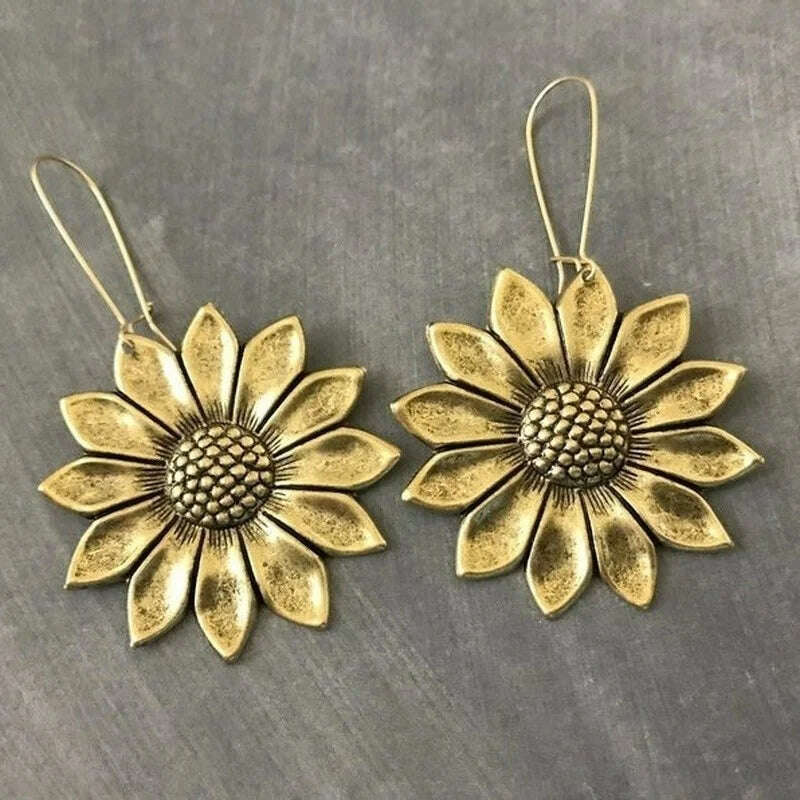 KIMLUD, Luxury Gold Color Sunflower Earrings LARGE Sunflower Bohemian Flower Inspired Statement Earrings Woodland Wedding Hippie Jewelry, KIMLUD Womens Clothes