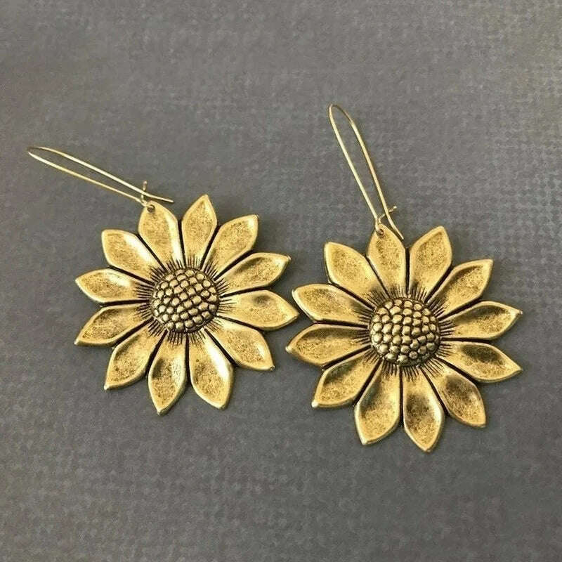 KIMLUD, Luxury Gold Color Sunflower Earrings LARGE Sunflower Bohemian Flower Inspired Statement Earrings Woodland Wedding Hippie Jewelry, KIMLUD Womens Clothes