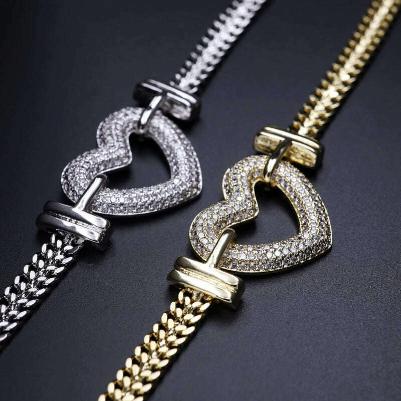 KIMLUD, Luxury Heart Shape Jewelry Sets Paved Micro Cubic Zirconia Gold Color Pendant Necklace Bracelets Bangles sets For Women Jewelry, KIMLUD Womens Clothes