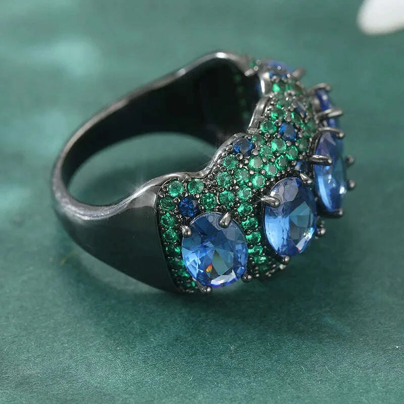 Luxury Inlaid Green Blue CZ Women's Ring Creativity Black Color Geometry Daily Wear Party Jewelry Anniversary Gift