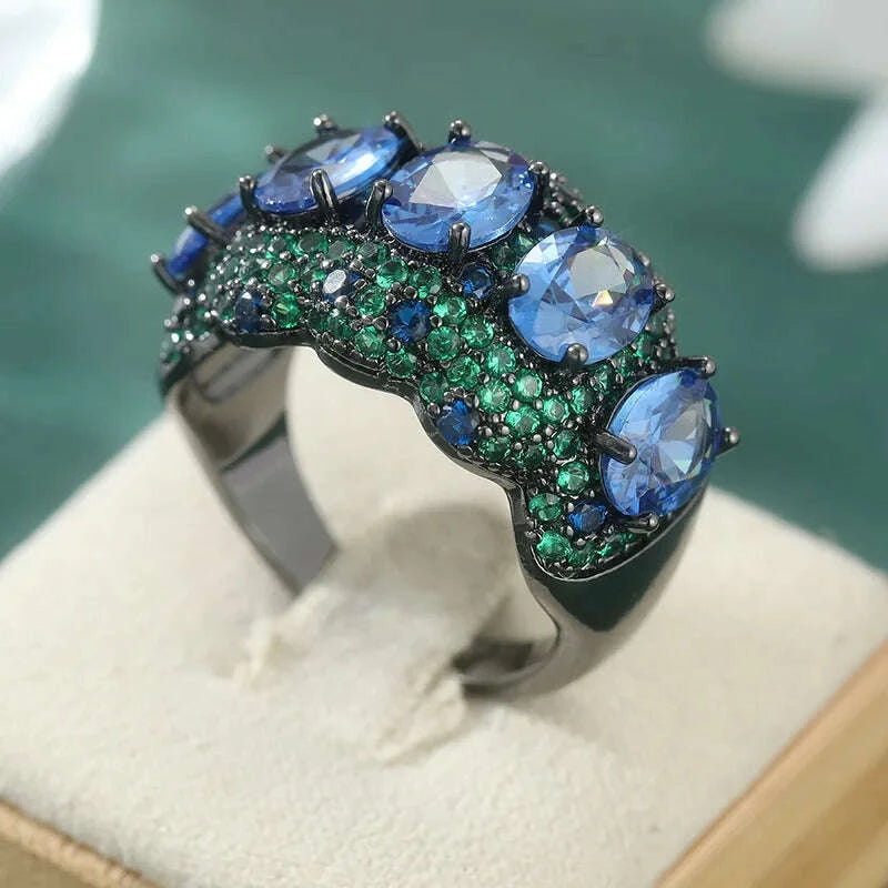 Luxury Inlaid Green Blue CZ Women's Ring Creativity Black Color Geometry Daily Wear Party Jewelry Anniversary Gift