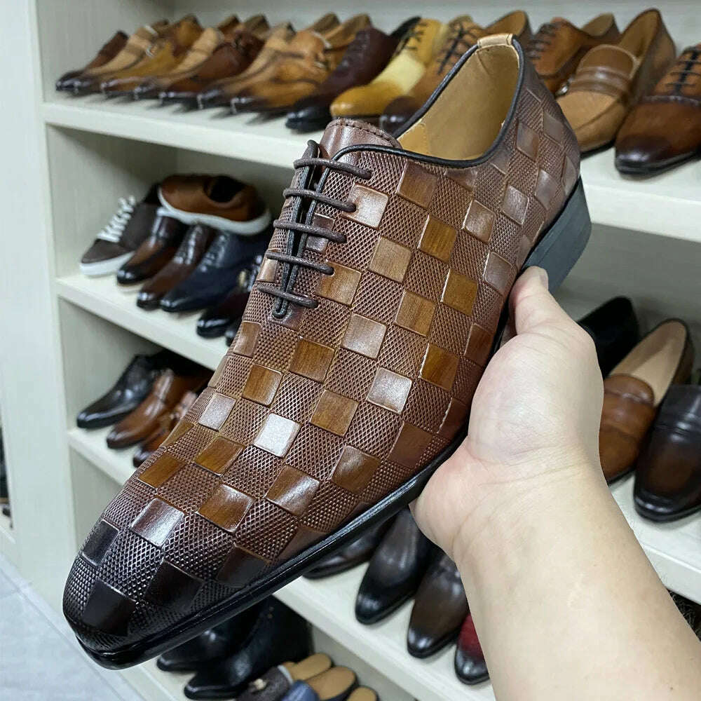 Luxury Italian Leather Dress Shoes Men Fashion Plaid Print Lace-Up Black Brown Wedding Office Shoes Formal Oxford Shoes for Men - KIMLUD