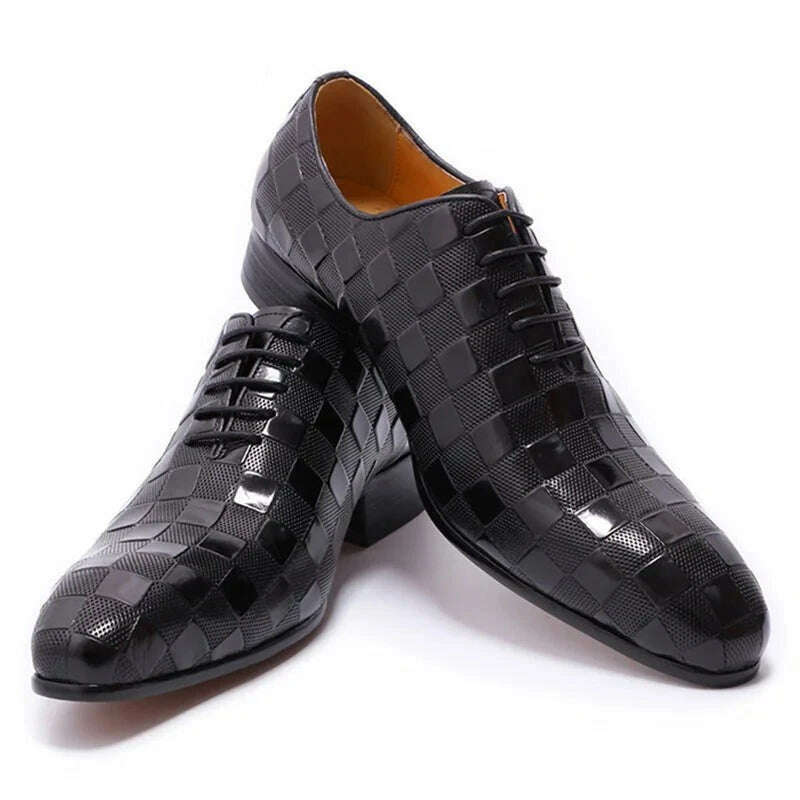 Luxury Italian Leather Dress Shoes Men Fashion Plaid Print Lace-Up Black Brown Wedding Office Shoes Formal Oxford Shoes for Men - KIMLUD