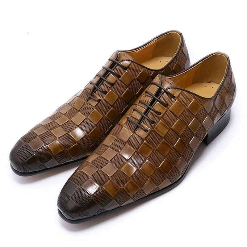 Luxury Italian Leather Dress Shoes Men Fashion Plaid Print Lace-Up Black Brown Wedding Office Shoes Formal Oxford Shoes for Men - KIMLUD