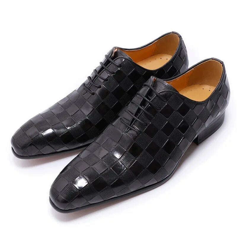 Luxury Italian Leather Dress Shoes Men Fashion Plaid Print Lace-Up Black Brown Wedding Office Shoes Formal Oxford Shoes for Men - KIMLUD