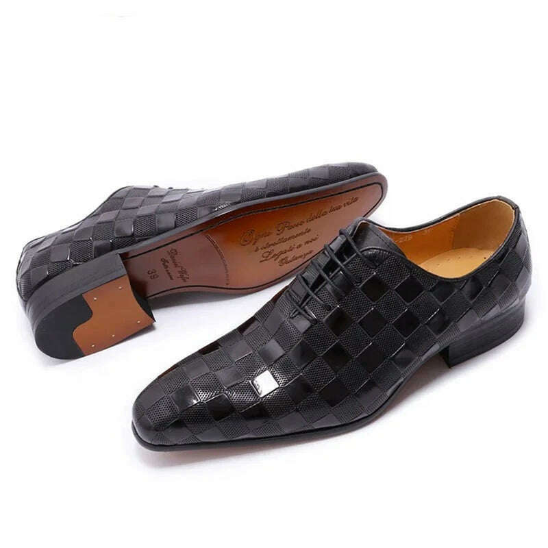 Luxury Italian Leather Dress Shoes Men Fashion Plaid Print Lace-Up Black Brown Wedding Office Shoes Formal Oxford Shoes for Men - KIMLUD