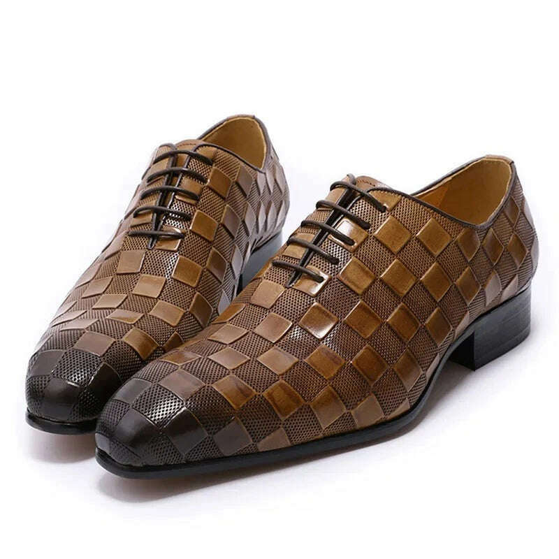 Luxury Italian Leather Dress Shoes Men Fashion Plaid Print Lace-Up Black Brown Wedding Office Shoes Formal Oxford Shoes for Men - KIMLUD