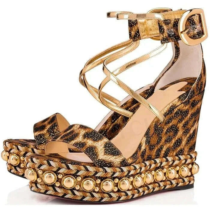 Luxury Leopard Print Wedge Platform Sandals Gold Pearl Metal Buckle One Word Strap Sandals Cross Thin Strap Fashion Women's Shoe - KIMLUD