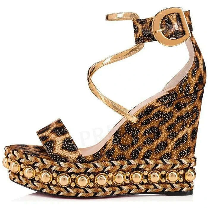 Luxury Leopard Print Wedge Platform Sandals Gold Pearl Metal Buckle One Word Strap Sandals Cross Thin Strap Fashion Women's Shoe - KIMLUD