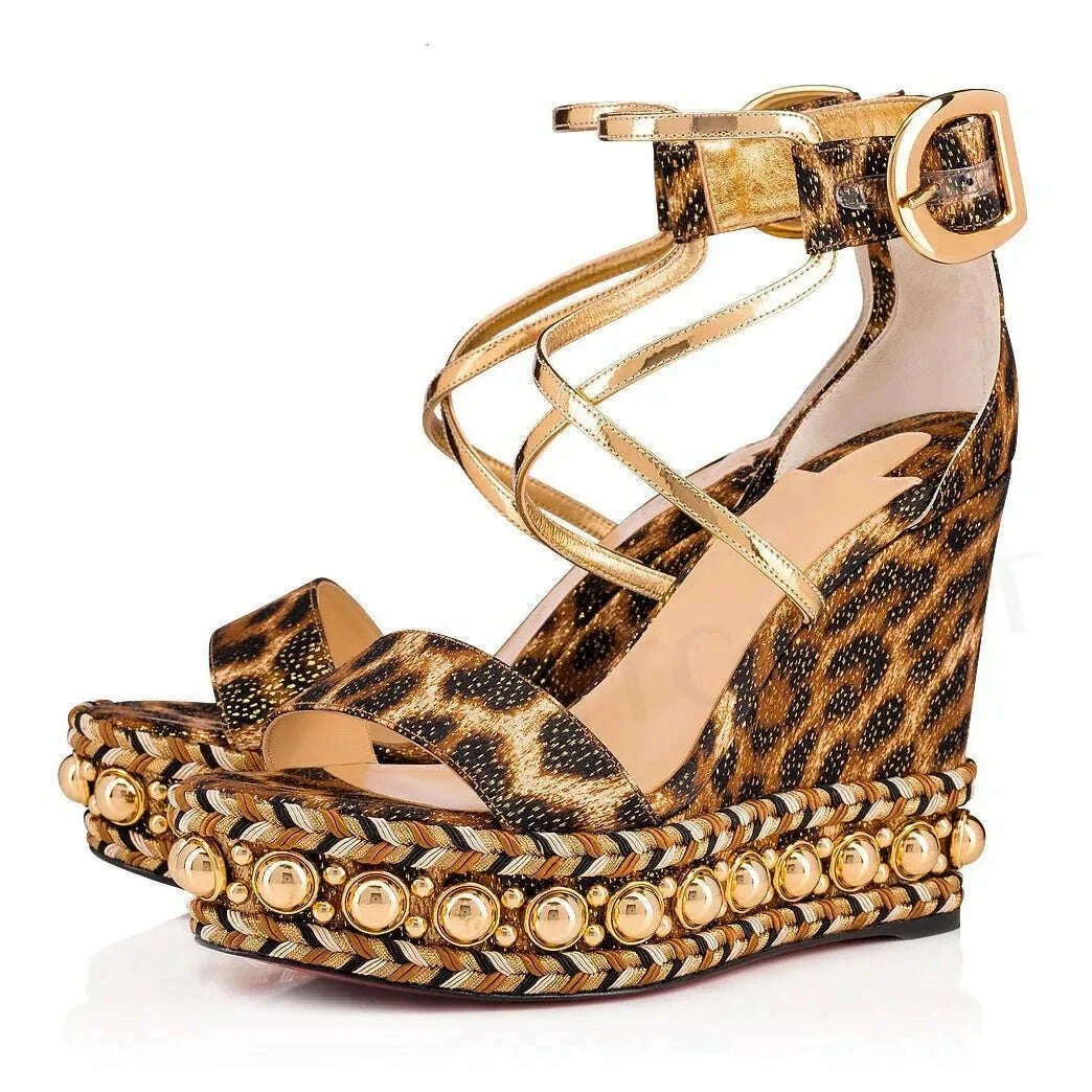 Luxury Leopard Print Wedge Platform Sandals Gold Pearl Metal Buckle One Word Strap Sandals Cross Thin Strap Fashion Women's Shoe - KIMLUD