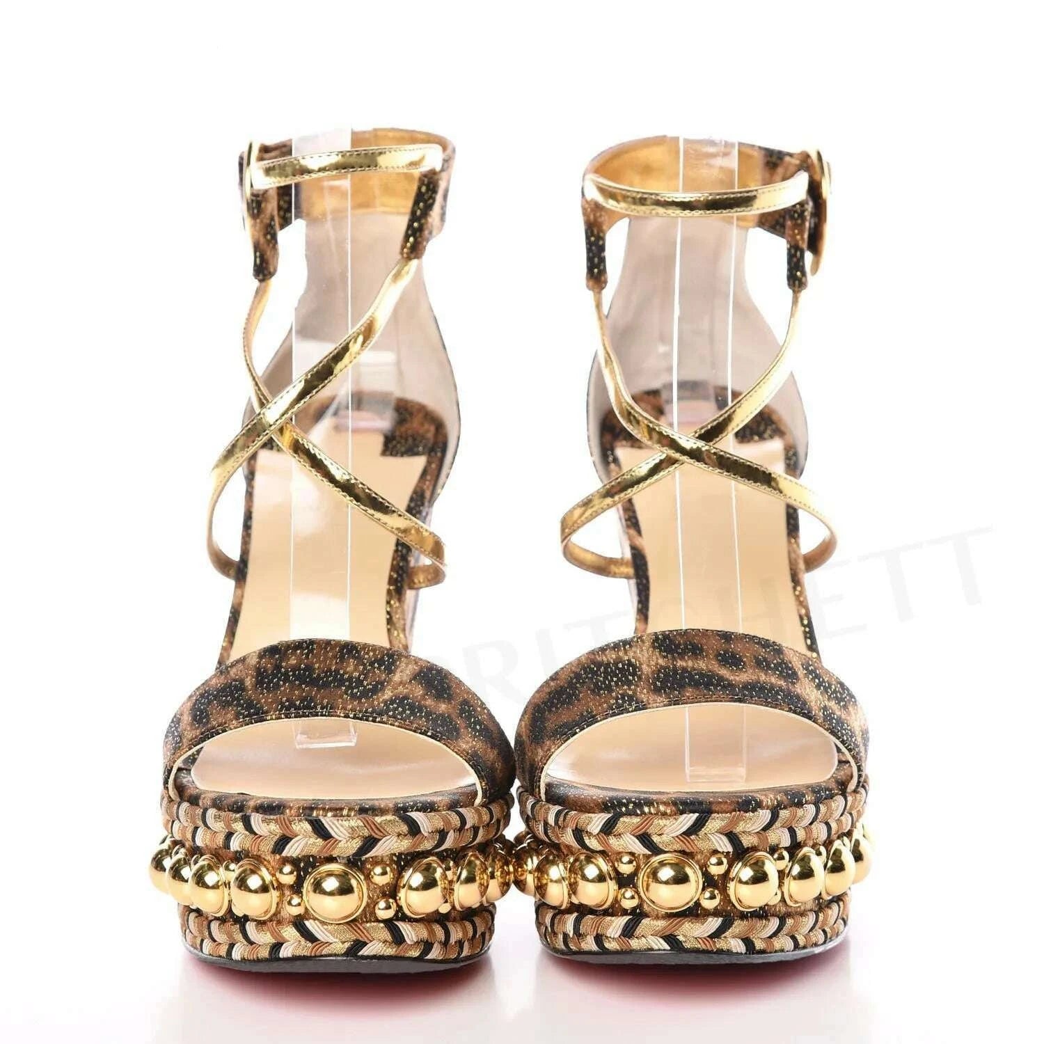 Luxury Leopard Print Wedge Platform Sandals Gold Pearl Metal Buckle One Word Strap Sandals Cross Thin Strap Fashion Women's Shoe - KIMLUD