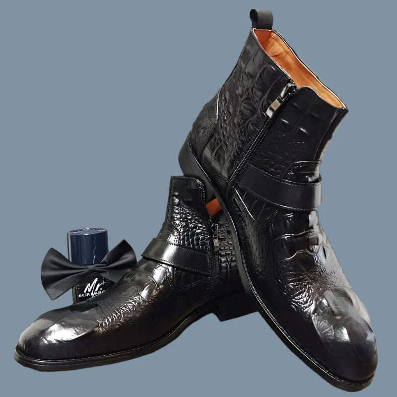 Luxury Men Ankle Boots Shoes Black Burgundy Crocodile Printed Zip Chelsea Buckle Strap Leather Shoes Dress Boots For Men - KIMLUD