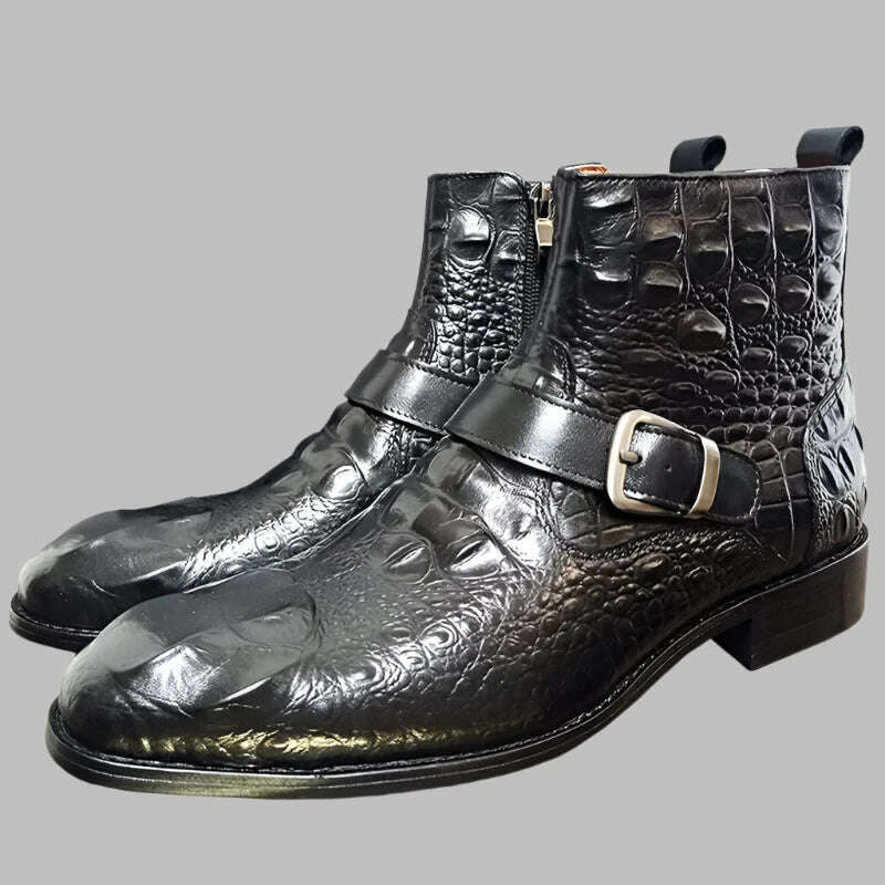 Luxury Men Ankle Boots Shoes Black Burgundy Crocodile Printed Zip Chelsea Buckle Strap Leather Shoes Dress Boots For Men - KIMLUD