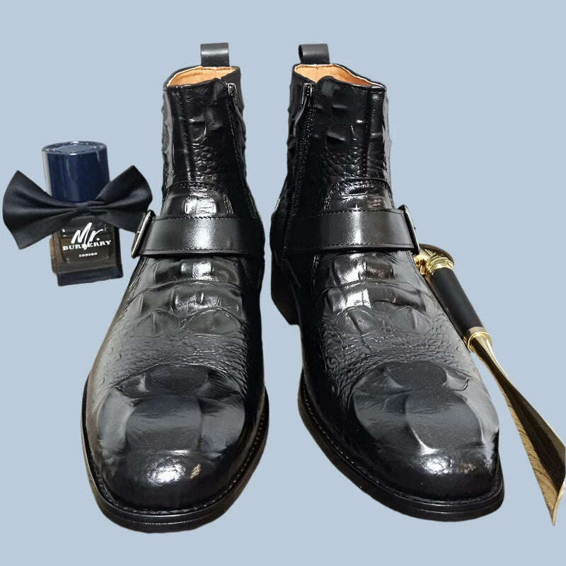 Luxury Men Ankle Boots Shoes Black Burgundy Crocodile Printed Zip Chelsea Buckle Strap Leather Shoes Dress Boots For Men - KIMLUD