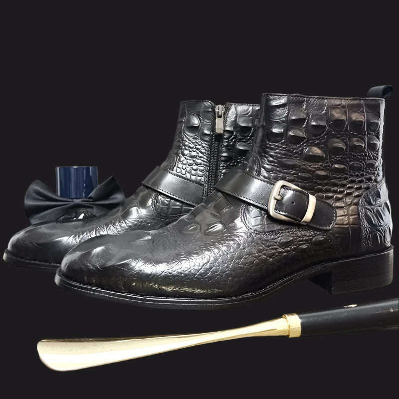 Luxury Men Ankle Boots Shoes Black Burgundy Crocodile Printed Zip Chelsea Buckle Strap Leather Shoes Dress Boots For Men - KIMLUD