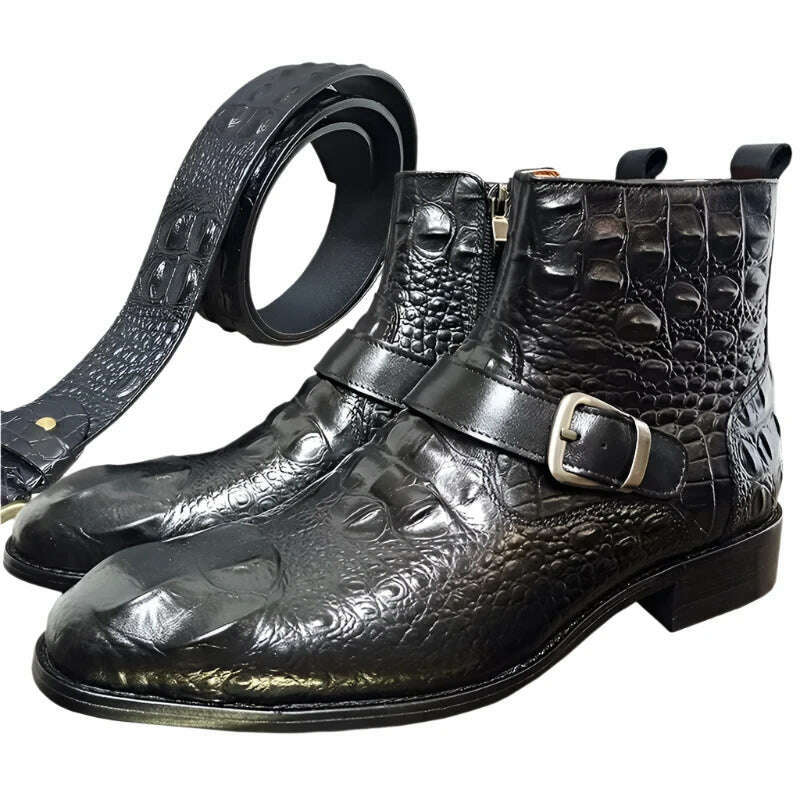 Luxury Men Ankle Boots Shoes Black Burgundy Crocodile Printed Zip Chelsea Buckle Strap Leather Shoes Dress Boots For Men - KIMLUD
