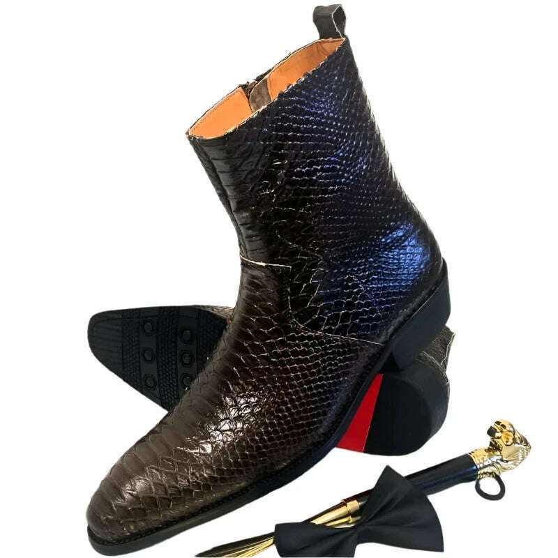 Luxury Men Mid-Calf Boots High Grade Python Print Shoes Casual Mens Dress Boots Winter Leather Chelsea Boots Shoes Men - KIMLUD