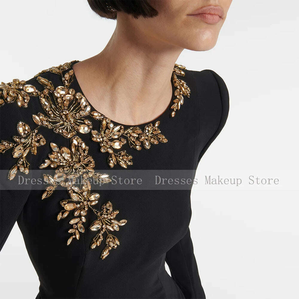 KIMLUD, Luxury Mermaid Evening Dress Black Long Sleeves Crystals O Neck Evening Gowns for Women 2024 Trumpet Elegant Wedding Party Dress, KIMLUD Womens Clothes