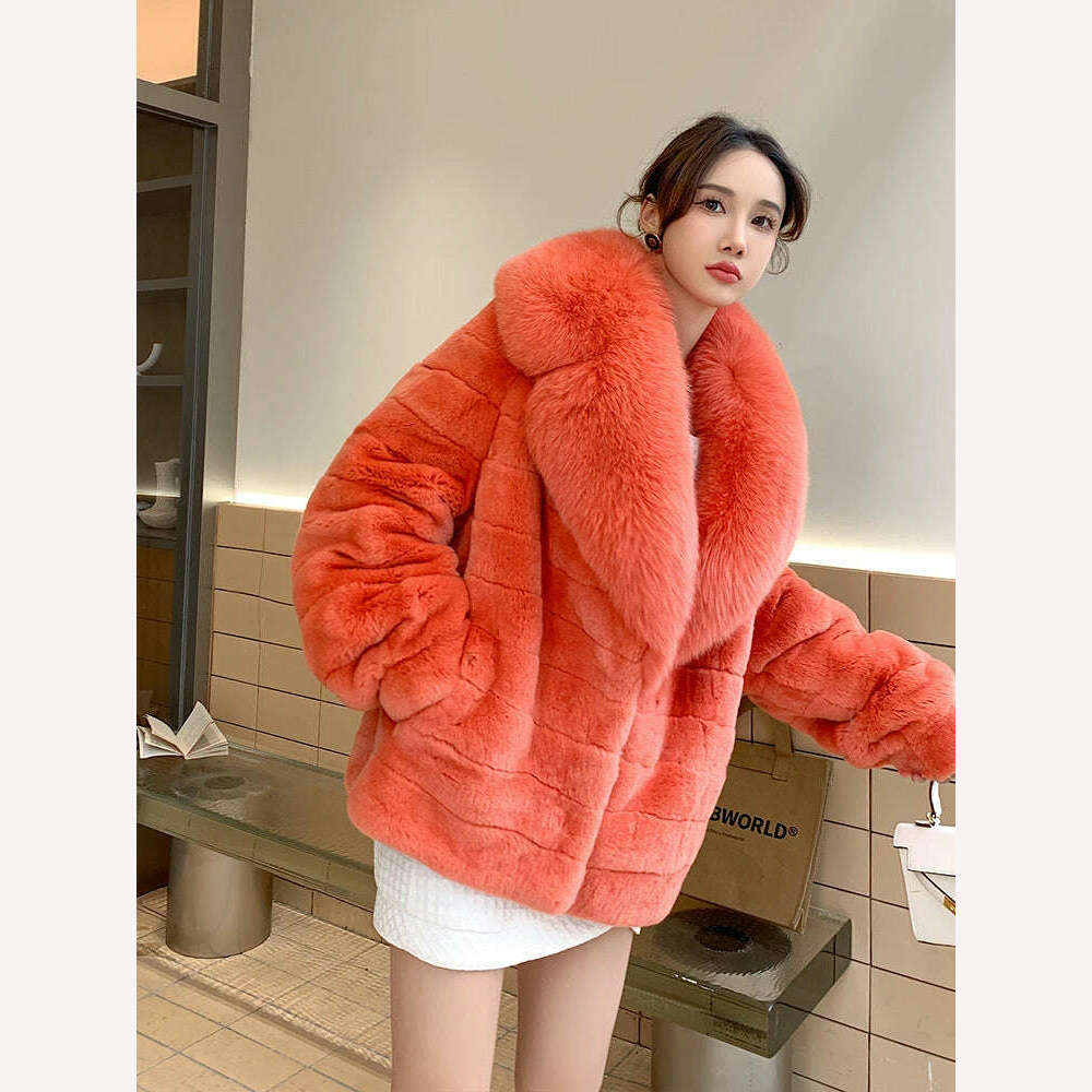 KIMLUD, Luxury Oversized Crystal Fox Fur Collar Whole Fur Rex Rabbit Fur Coat Rabbit Fur Loose Coat Autumn And Winter New Style Customiz, KIMLUD Womens Clothes