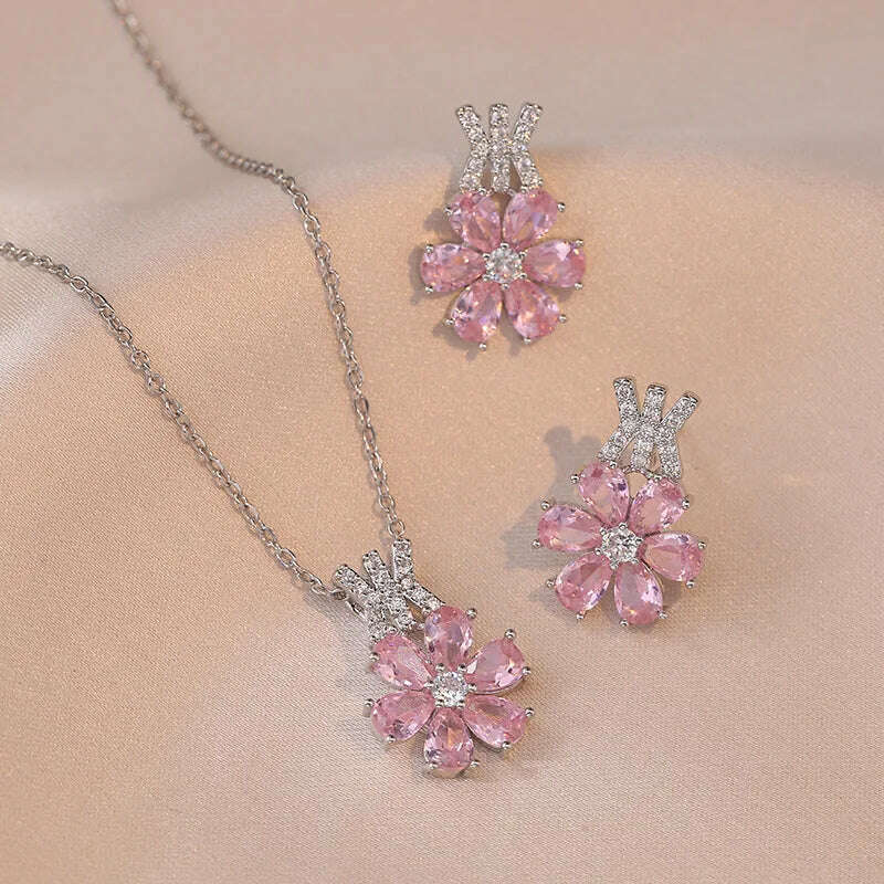 KIMLUD, Luxury Pink Zircon Big Flower Stud Earrings and Pendants Stainless Steel Chains Necklaces For Women Bridal Birthday Jewelry Sets, 04, KIMLUD Womens Clothes