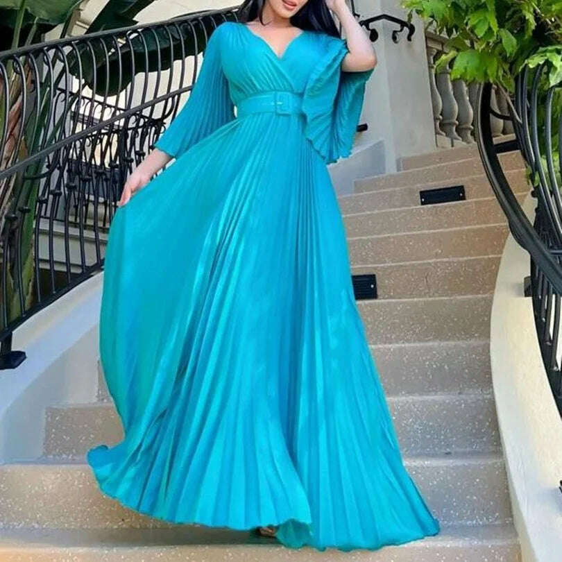 Luxury Pleated Dresses for Women V Neck Belt Waisted Flare Sleeve Floor  Length Elegant Birthday Party Dinner Vestidos Mujer Robe