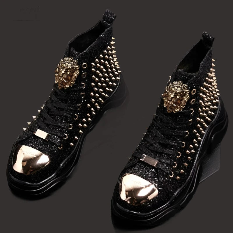 KIMLUD, Luxury rivet Boots Men's shoes designer sneakers men punk high tops gold red light bottom Casual Platform shoe zapatillas hombre, Black / 38, KIMLUD APPAREL - Womens Clothes