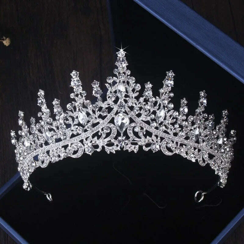 Luxury Silver Color Crystal Water Drop Bridal Jewelry Sets Rhinestone Tiaras Crown Necklace Earrings Wedding Dubai Jewelry Set - KIMLUD