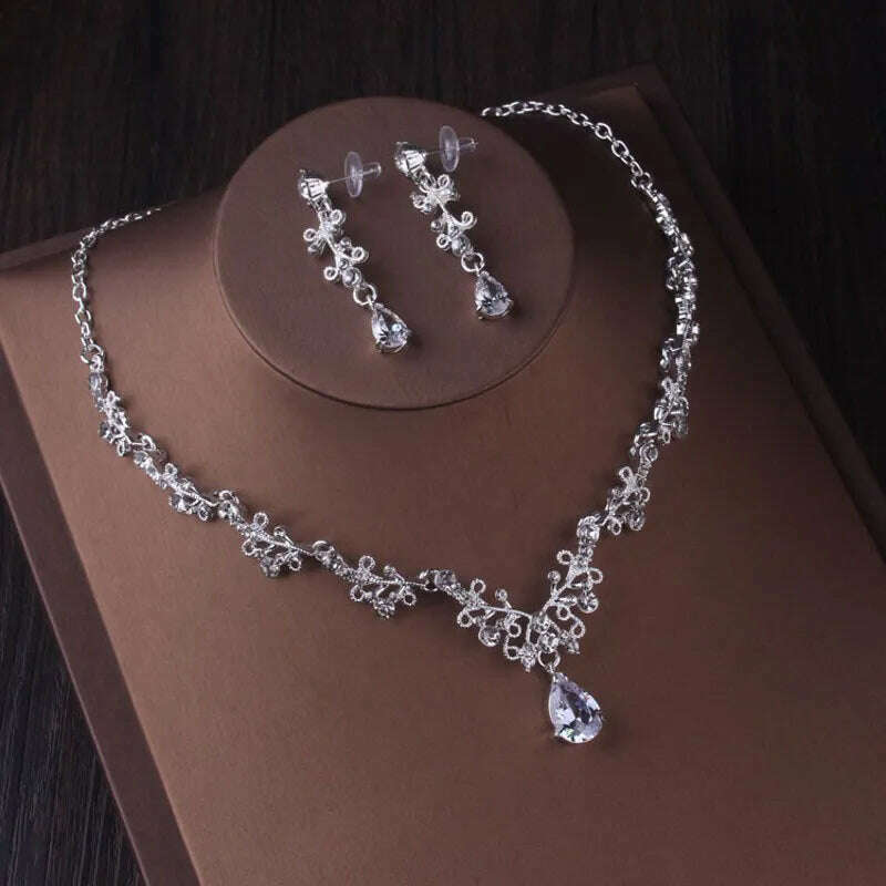 Luxury Silver Color Crystal Water Drop Bridal Jewelry Sets Rhinestone Tiaras Crown Necklace Earrings Wedding Dubai Jewelry Set - KIMLUD