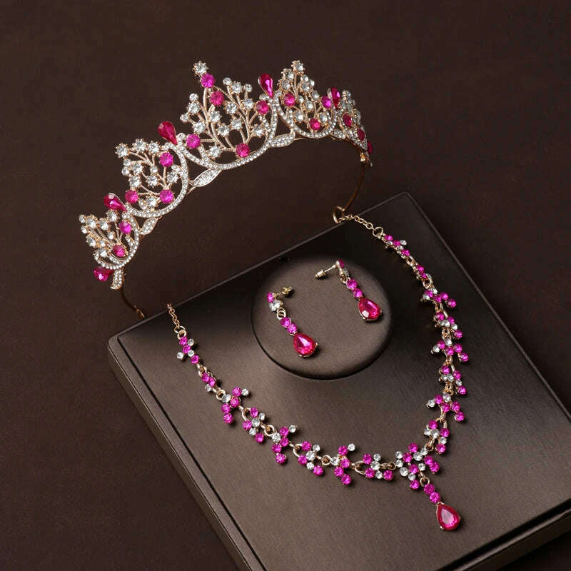 Luxury Silver Color Crystal Water Drop Bridal Jewelry Sets Rhinestone Tiaras Crown Necklace Earrings Wedding Dubai Jewelry Set - KIMLUD