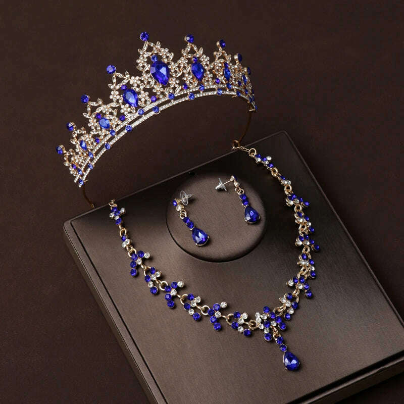 Luxury Silver Color Crystal Water Drop Bridal Jewelry Sets Rhinestone Tiaras Crown Necklace Earrings Wedding Dubai Jewelry Set - KIMLUD