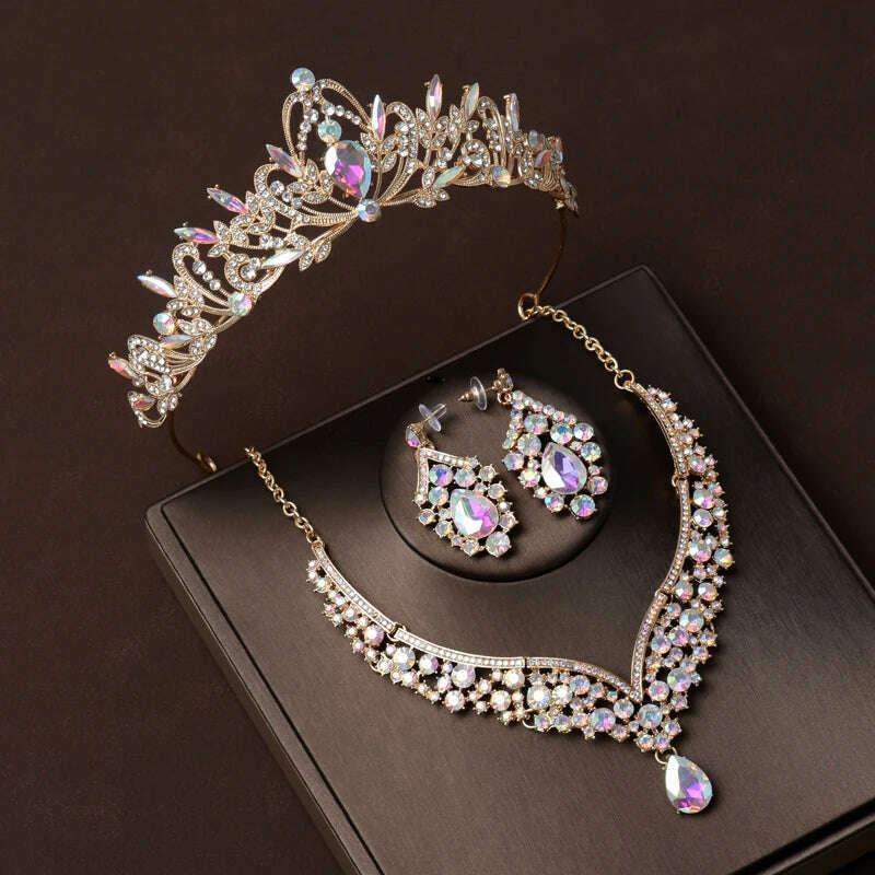 Luxury Silver Color Crystal Water Drop Bridal Jewelry Sets Rhinestone Tiaras Crown Necklace Earrings Wedding Dubai Jewelry Set - KIMLUD