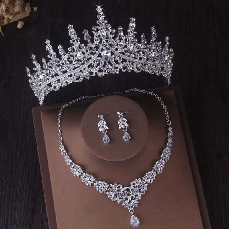 Luxury Silver Color Crystal Water Drop Bridal Jewelry Sets Rhinestone Tiaras Crown Necklace Earrings Wedding Dubai Jewelry Set - KIMLUD