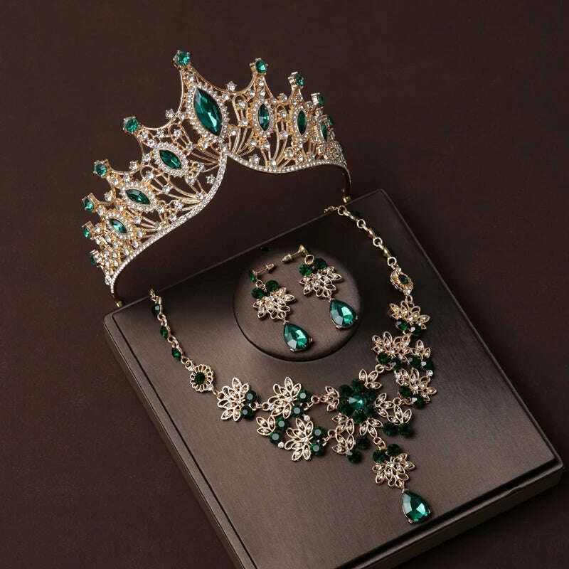 Luxury Silver Color Crystal Water Drop Bridal Jewelry Sets Rhinestone Tiaras Crown Necklace Earrings Wedding Dubai Jewelry Set - KIMLUD