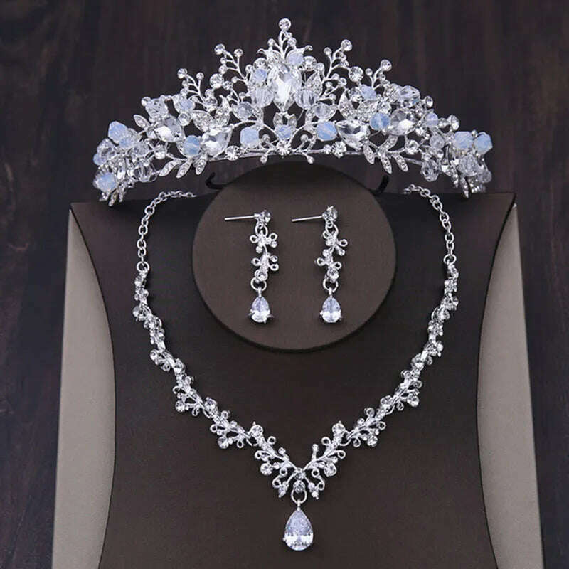 Luxury Silver Color Crystal Water Drop Bridal Jewelry Sets Rhinestone Tiaras Crown Necklace Earrings Wedding Dubai Jewelry Set - KIMLUD