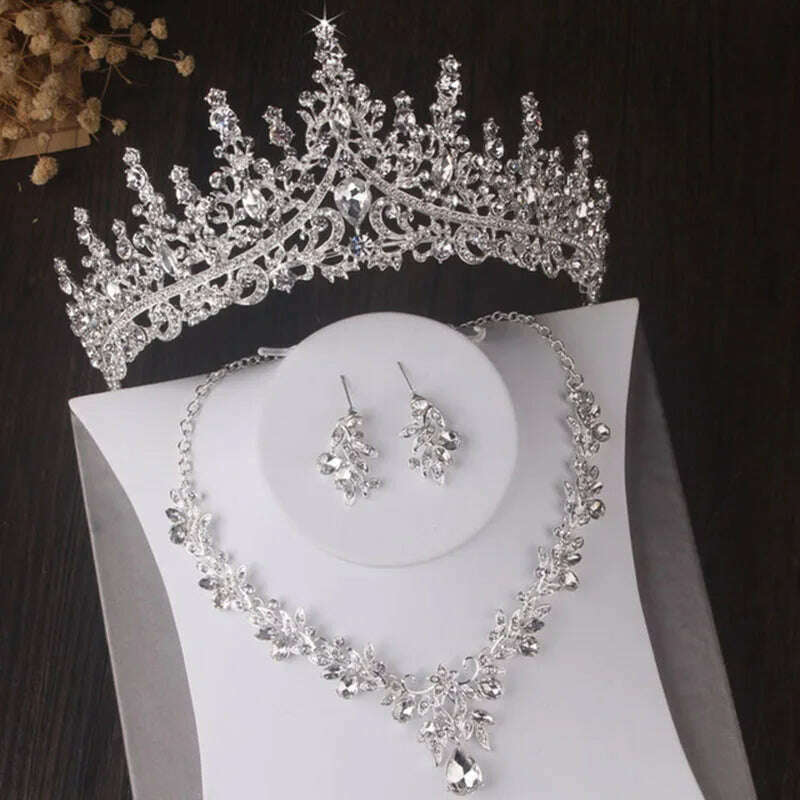 Luxury Silver Color Crystal Water Drop Bridal Jewelry Sets Rhinestone Tiaras Crown Necklace Earrings Wedding Dubai Jewelry Set - KIMLUD
