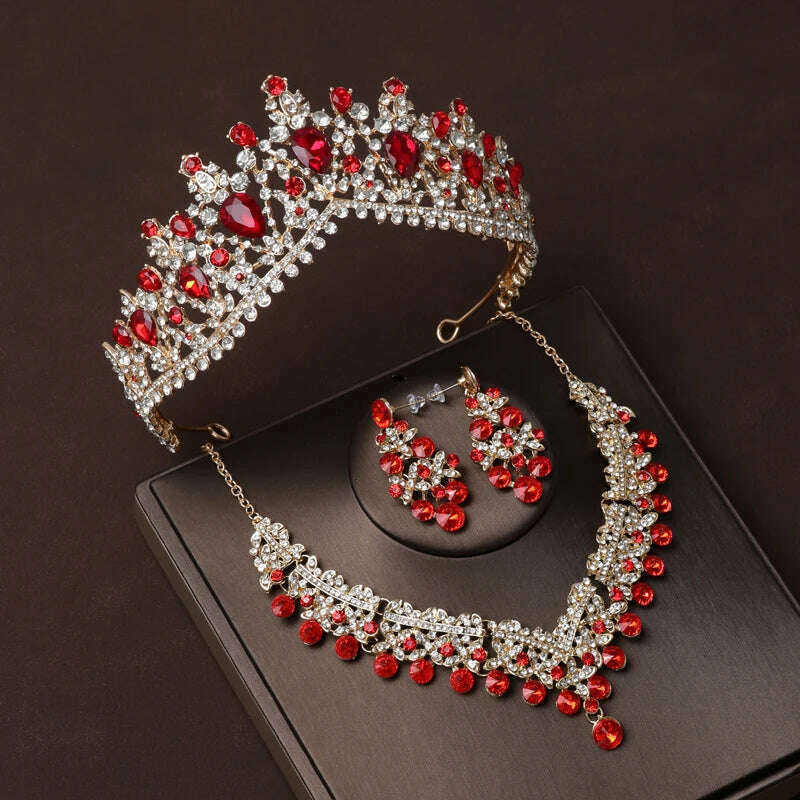 Luxury Silver Color Crystal Water Drop Bridal Jewelry Sets Rhinestone Tiaras Crown Necklace Earrings Wedding Dubai Jewelry Set - KIMLUD