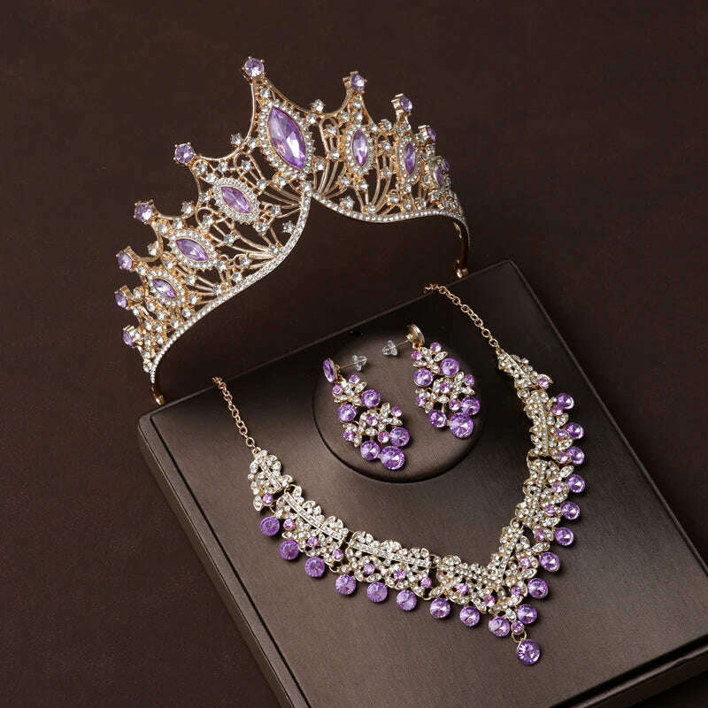 Luxury Silver Color Crystal Water Drop Bridal Jewelry Sets Rhinestone Tiaras Crown Necklace Earrings Wedding Dubai Jewelry Set - KIMLUD