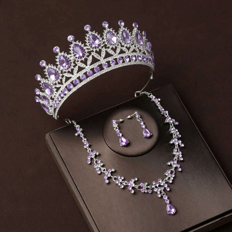 Luxury Silver Color Crystal Water Drop Bridal Jewelry Sets Rhinestone Tiaras Crown Necklace Earrings Wedding Dubai Jewelry Set - KIMLUD