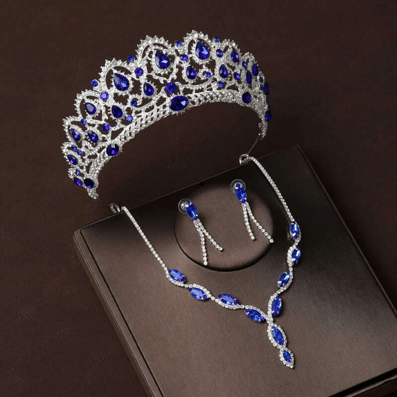 Luxury Silver Color Crystal Water Drop Bridal Jewelry Sets Rhinestone Tiaras Crown Necklace Earrings Wedding Dubai Jewelry Set - KIMLUD