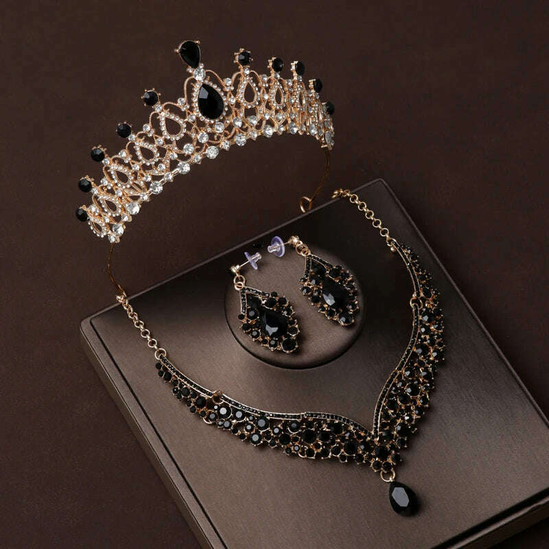Luxury Silver Color Crystal Water Drop Bridal Jewelry Sets Rhinestone Tiaras Crown Necklace Earrings Wedding Dubai Jewelry Set - KIMLUD