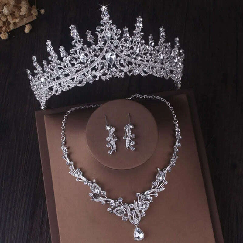 Luxury Silver Color Crystal Water Drop Bridal Jewelry Sets Rhinestone Tiaras Crown Necklace Earrings Wedding Dubai Jewelry Set - KIMLUD