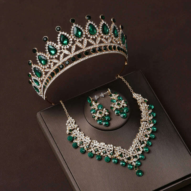 Luxury Silver Color Crystal Water Drop Bridal Jewelry Sets Rhinestone Tiaras Crown Necklace Earrings Wedding Dubai Jewelry Set - KIMLUD