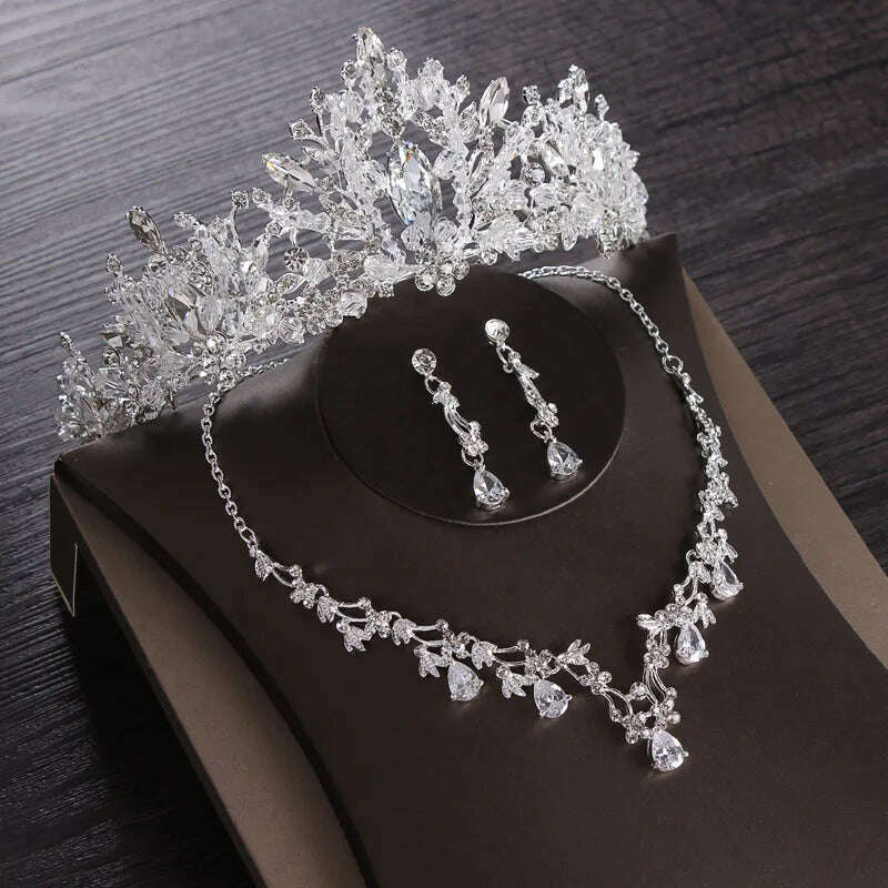 Luxury Silver Color Crystal Water Drop Bridal Jewelry Sets Rhinestone Tiaras Crown Necklace Earrings Wedding Dubai Jewelry Set - KIMLUD