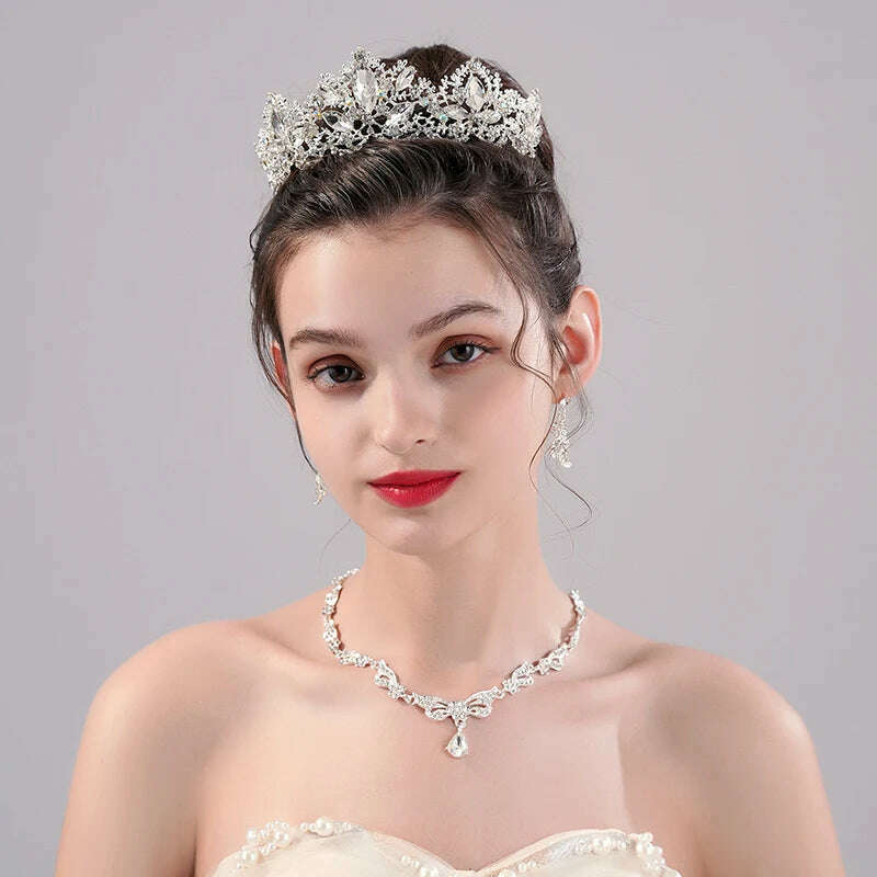 Luxury Silver Color Crystal Water Drop Bridal Jewelry Sets Rhinestone Tiaras Crown Necklace Earrings Wedding Dubai Jewelry Set - KIMLUD