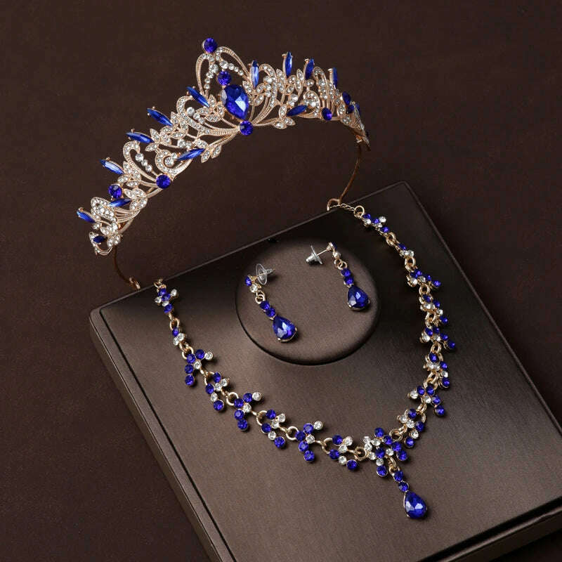 Luxury Silver Color Crystal Water Drop Bridal Jewelry Sets Rhinestone Tiaras Crown Necklace Earrings Wedding Dubai Jewelry Set - KIMLUD