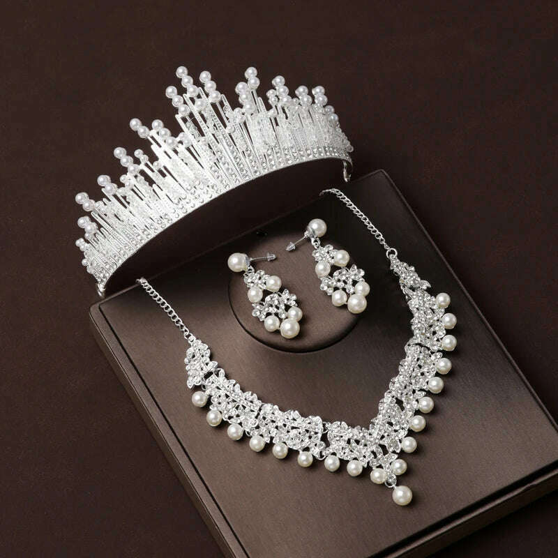 Luxury Silver Color Crystal Water Drop Bridal Jewelry Sets Rhinestone Tiaras Crown Necklace Earrings Wedding Dubai Jewelry Set - KIMLUD