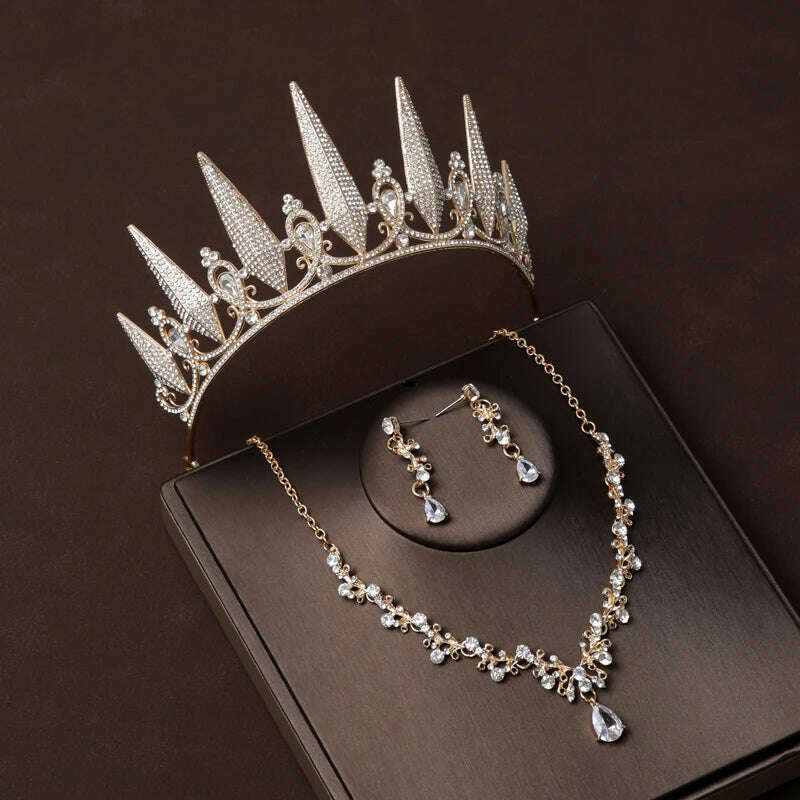 Luxury Silver Color Crystal Water Drop Bridal Jewelry Sets Rhinestone Tiaras Crown Necklace Earrings Wedding Dubai Jewelry Set - KIMLUD